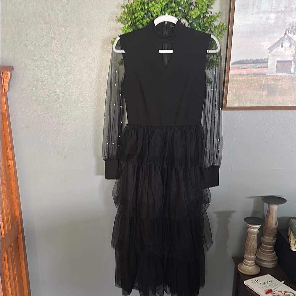Elegant Black Dress with Sheer Sleeves